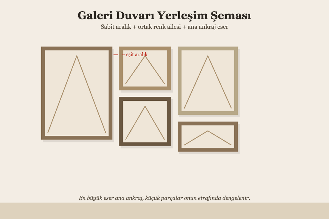 Galeri duvarı nasıl yapılır için kanvas tablo ve dengeli duvar dekorasyonu örneği.