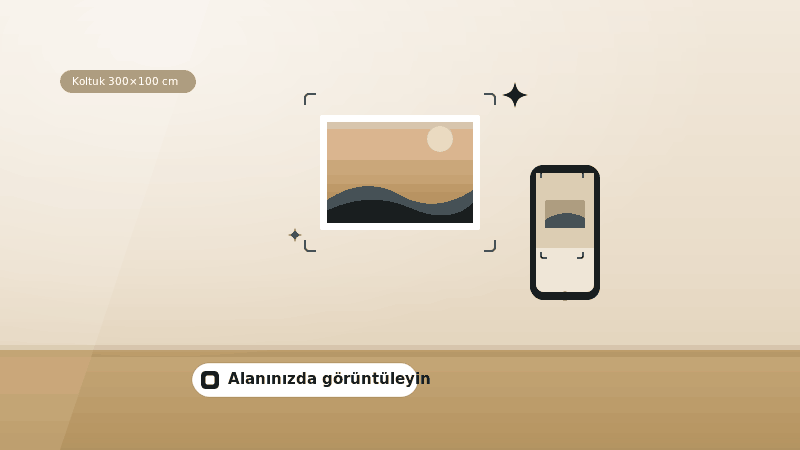 Salonda duvara asılı bir kanvas tablo, AR görüş çerçevesi ve telefon simgesiyle Çerçevo'nun Alanınızda Görüntüleyin özelliğini gösteren illüstrasyon