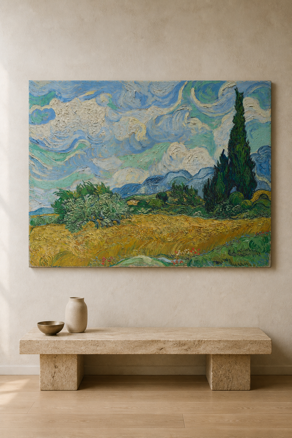 Wheat Field with Cypresses — yaşam alanında duvar üzerinde kanvas tablo