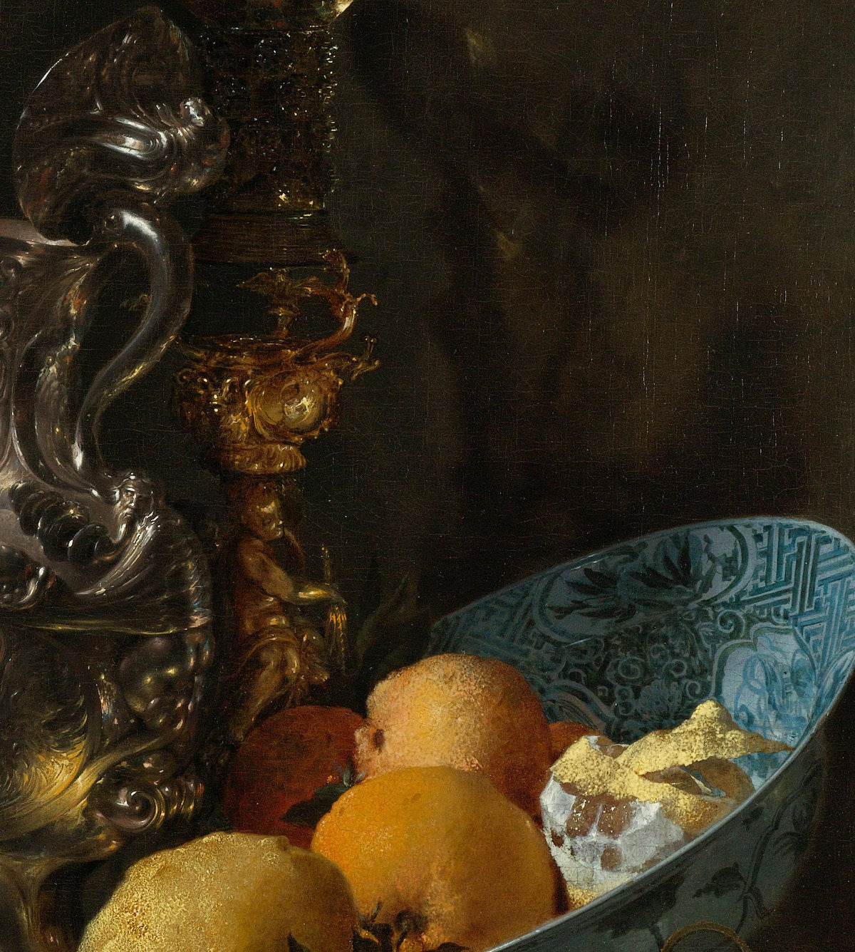 Still Life with a Silver Jug — Willem Kalf, detay 2 (porselen kase ve meyveler)