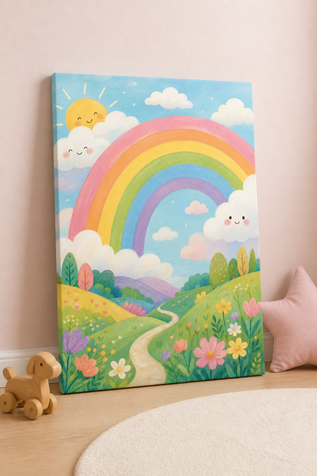 Pastel gökkuşağı ve bulutlar desenli kanvas tablo, ahşap oyuncak ve pembe yastık yanında çocuk odası zeminine yaslanmış.